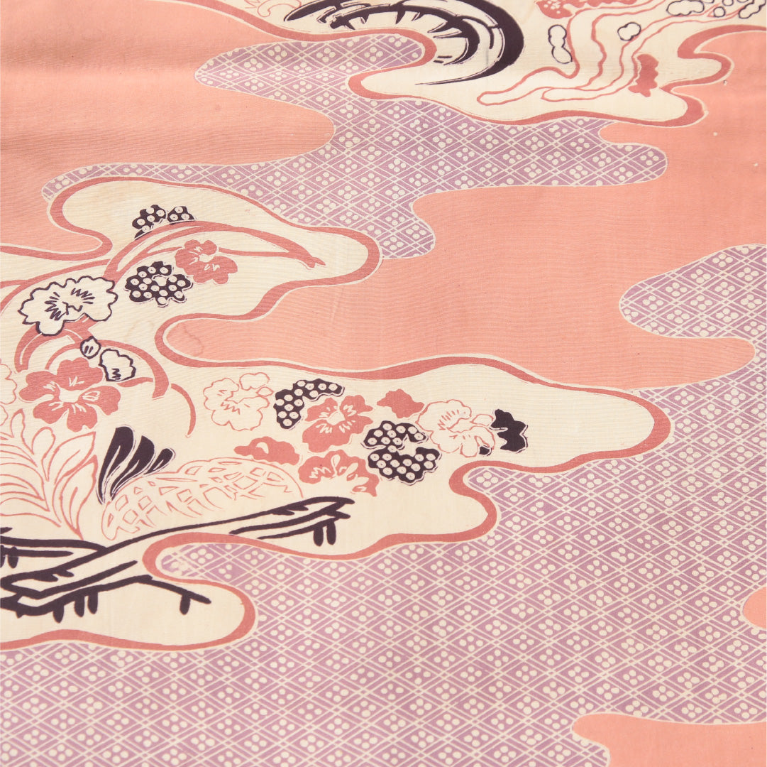 アンティーク 九寸名古屋帯 帯丈378cm 開き仕立て 全通 Aランク 正絹 染め帯 吉祥文様 道長取り ピンク系 1224-04175