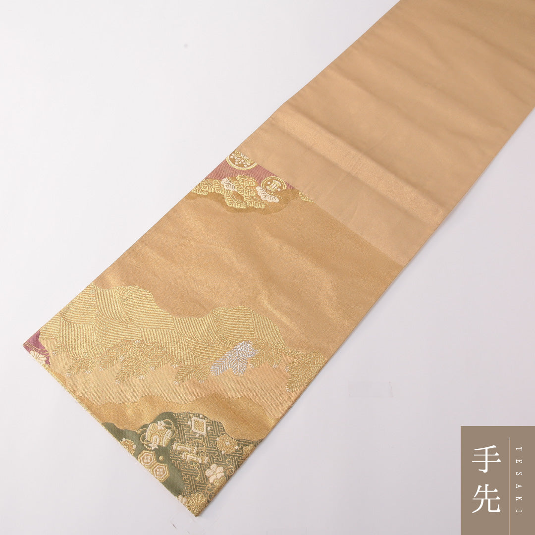 袋帯 帯丈424cm 正絹 六通 フォーマル 道長取り 光琳波 丸文 金系 1243-01772