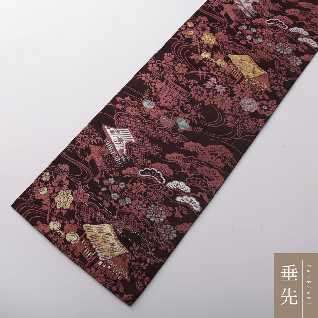 アンティーク 九寸名古屋帯 帯丈327cm セミフォーマル 名古屋仕立て 六通 Aランク 正絹 茶屋辻 松 茶系 1224-03566