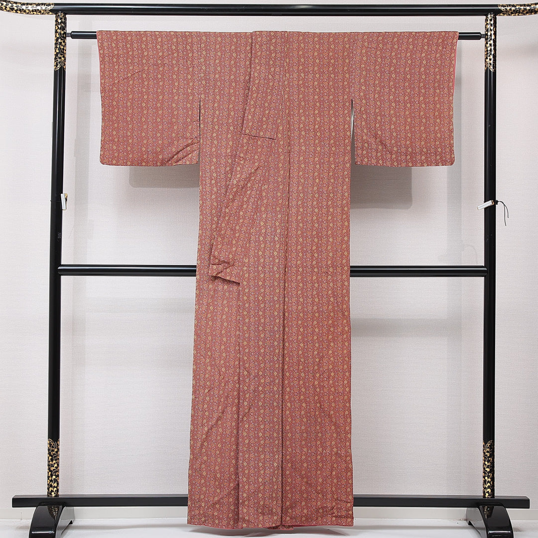 小紋 袷 身丈159cm 裄丈63cm 正絹 Aランク インフォーマル 広衿 Mサイズ 唐草 菊 茶系 RP 1221-15334