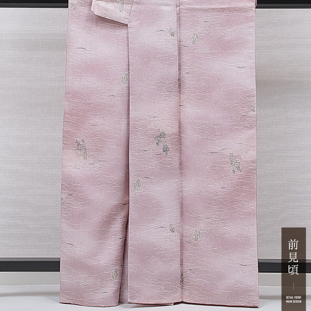 小紋 洗える着物 袷 身丈162cm 裄丈62cm ポリエステル Sランク Lサイズ 広衿 インフォーマル 花瓶 青海波 ピンク系 1215-15801