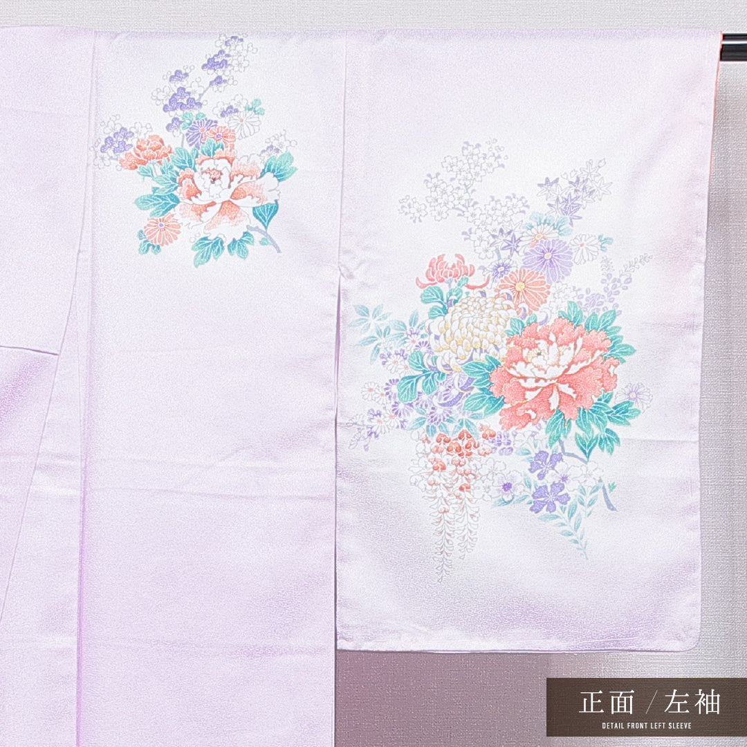 訪問着 洗える着物 袷 身丈164cm 裄丈64cm ポリエステル Aランク Lサイズ 広衿 セミフォーマル 熨斗 牡丹 紫系 1212-16213