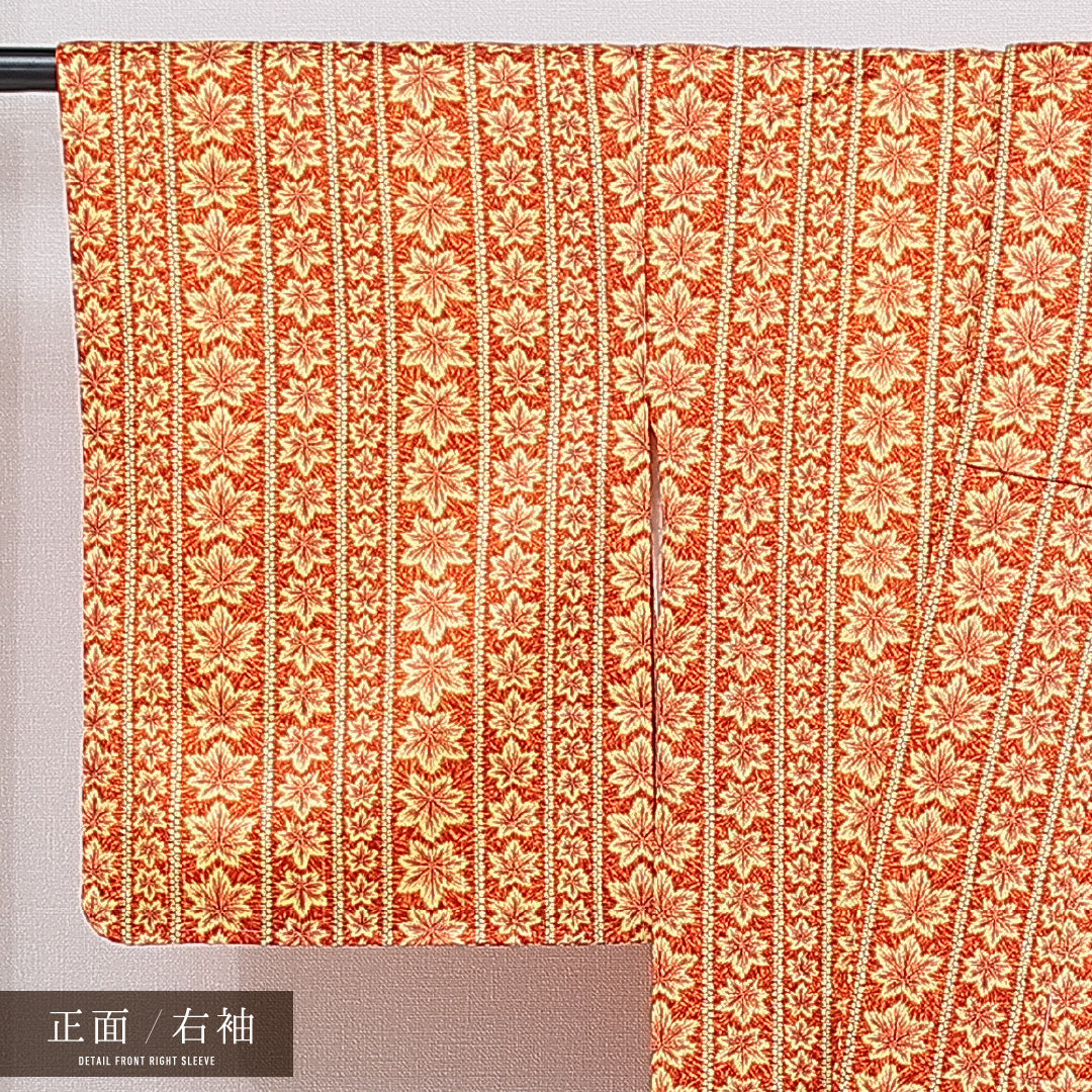 洗える着物 小紋 袷 身丈155cm 裄丈62cm ポリエステル Aランク インフォーマル 広衿 Mサイズ 紅葉 鹿の子柄 朱系 HP 1221-16268