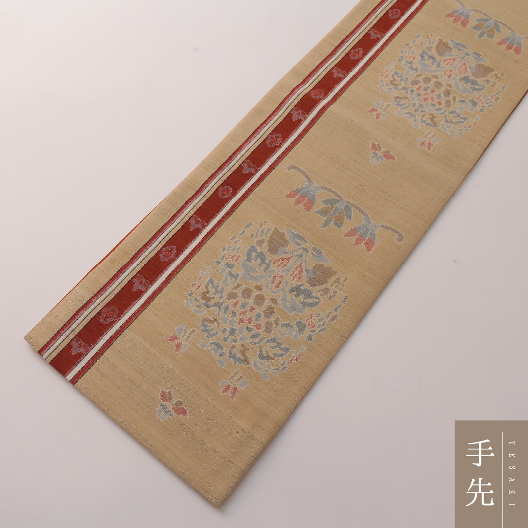 袋帯 帯丈428cm 正絹 全通 インフォーマル 双鳥唐花文 ベージュ系 1243-01919