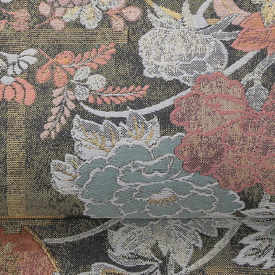 袋帯 帯丈428cm 彩華御車文 フォーマル 全通 Sランク 正絹 源氏車 菊 松 金系 黒系 1223-02329