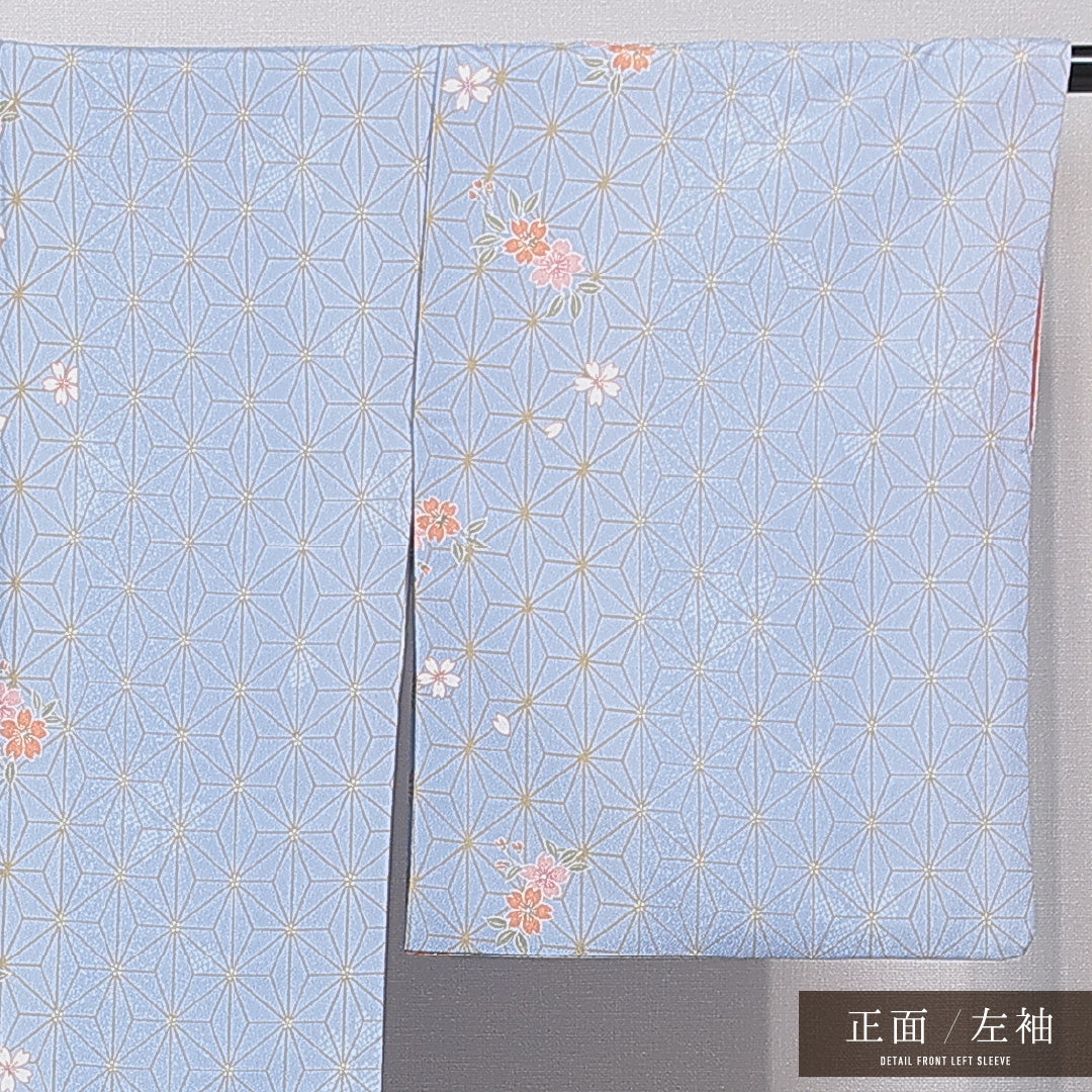 小紋 洗える着物 袷 身丈161cm 裄丈64cm ポリエステル Sランク Lサイズ 広衿 インフォーマル 麻の葉 桜 水色系 1215-15811