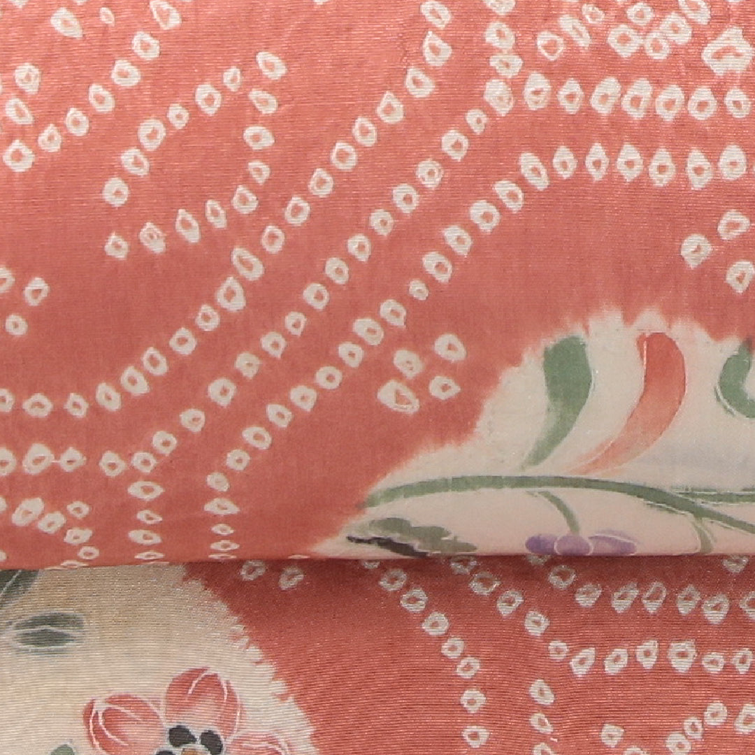 アンティーク 九寸名古屋帯 帯丈30.9cm 名古屋仕立て 全通 Bランク 正絹 染め帯 蜀江 花柄 ピンク系 1224-04047