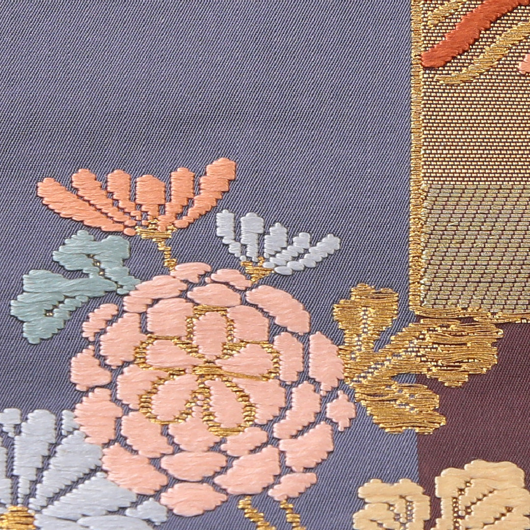 袋帯 帯丈432cm 正絹 六通 帯芯なし フォーマル 裂取り 鳳凰 吉祥文様 グレー系 1243-02202