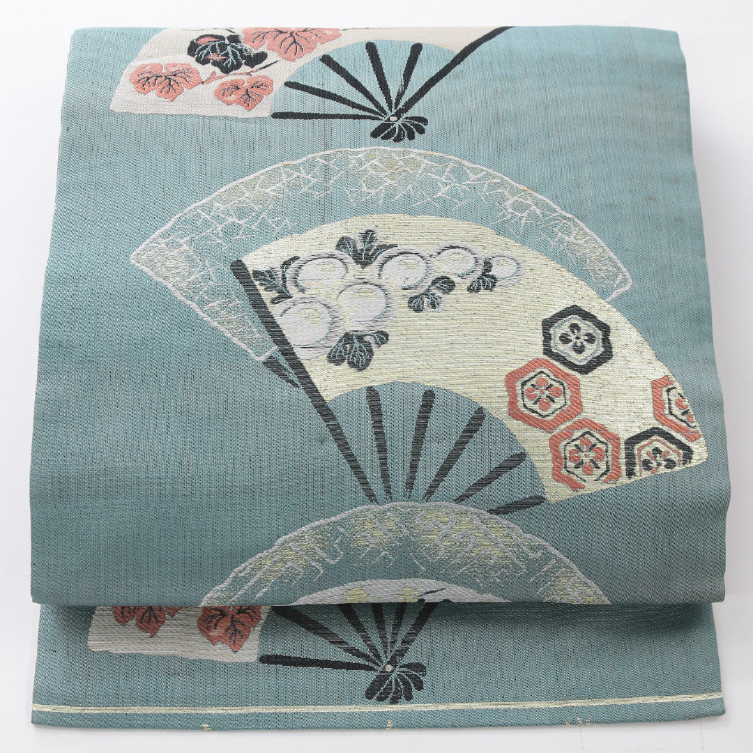 アンティーク 九寸名古屋帯 帯丈348cm 名古屋仕立て 六通 Cランク 正絹 扇子 菊 緑系 青系 1224-03971