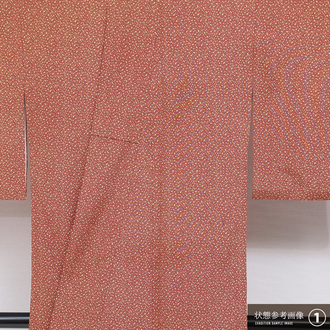 洗える着物 小紋 袷 身丈161cm 裄丈62cm ポリエステル Aランク インフォーマル 広衿 Lサイズ 抽象柄 赤系 RP 1221-16435