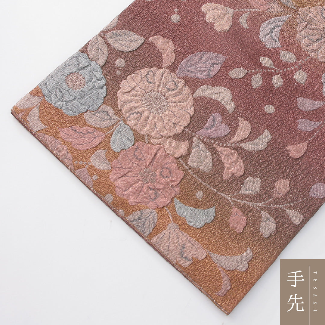 袋帯 帯丈432cm 正絹 六通 帯芯なし セミフォーマル ふくれ織 唐草華文 ピンク系 1243-02278