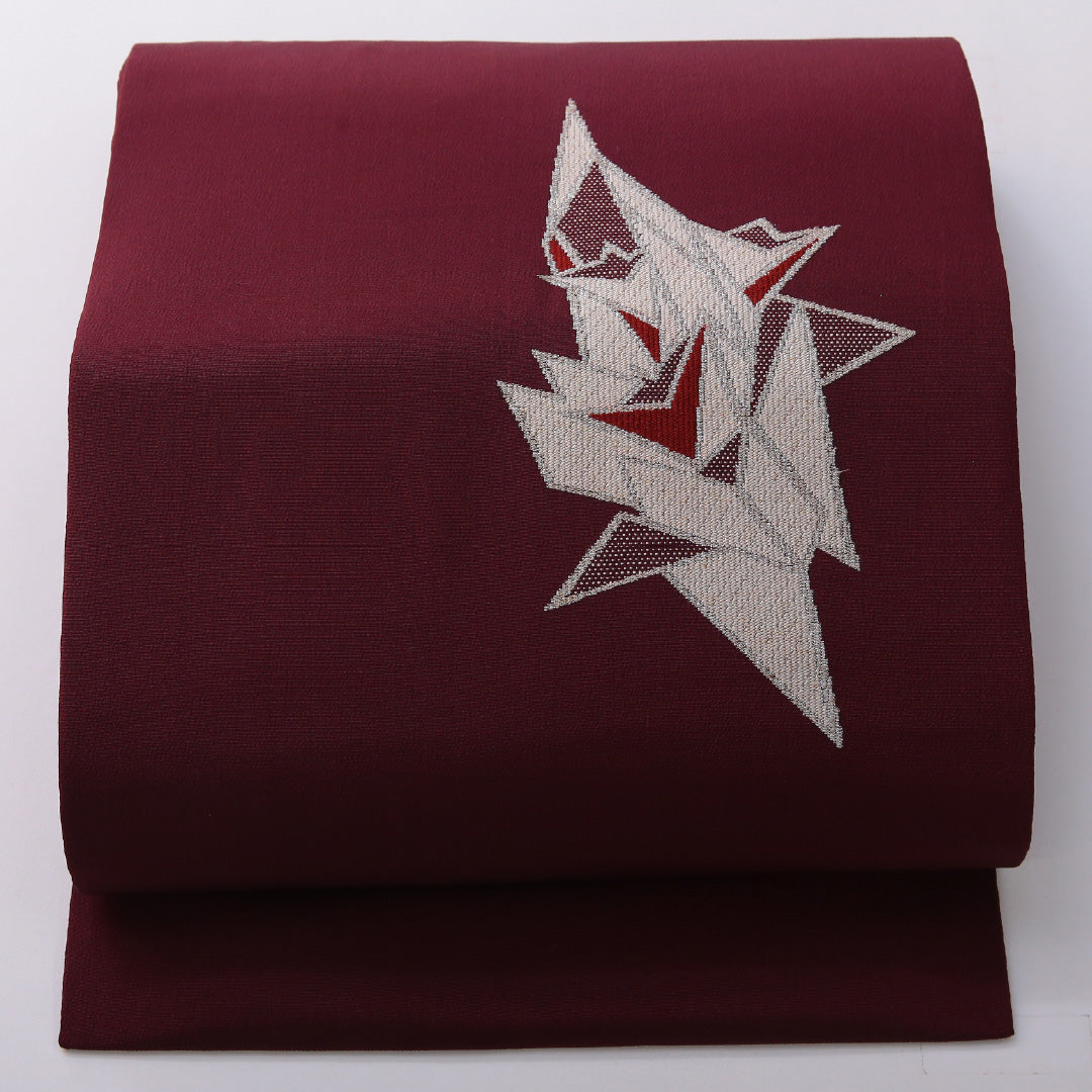 九寸名古屋帯 帯丈345cm カジュアル 名古屋仕立て ポイント柄 Cランク 正絹 創作柄 紫系 赤系 1224-03610