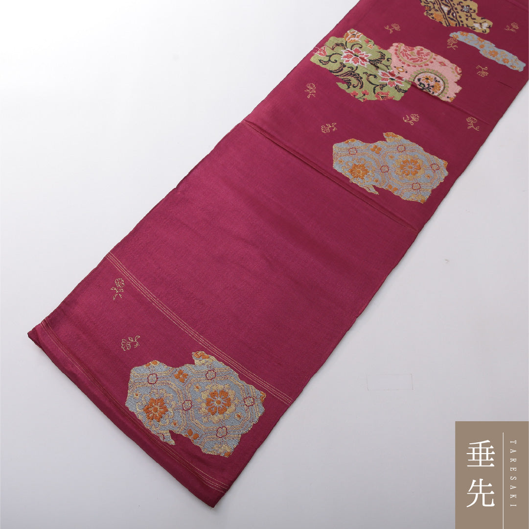 アンティーク 九寸名古屋帯 帯丈352cm 開き仕立て ポイント柄 Cランク 正絹 菊 紫系 赤系 1224-03812