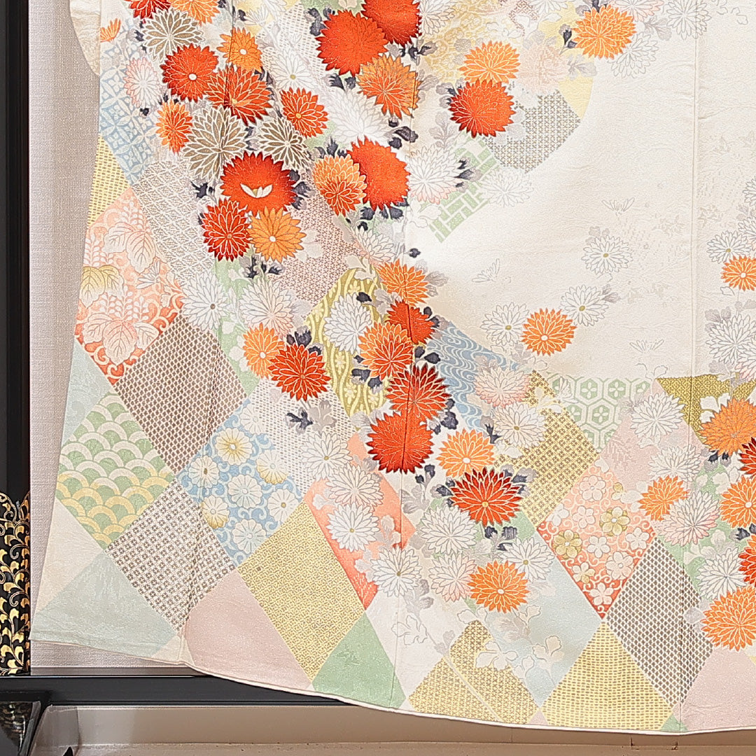 振袖 袷 身丈160cm 裄丈64cm フォーマル Cランク Lサイズ 正絹 広衿 七宝 菊 1213-F0758