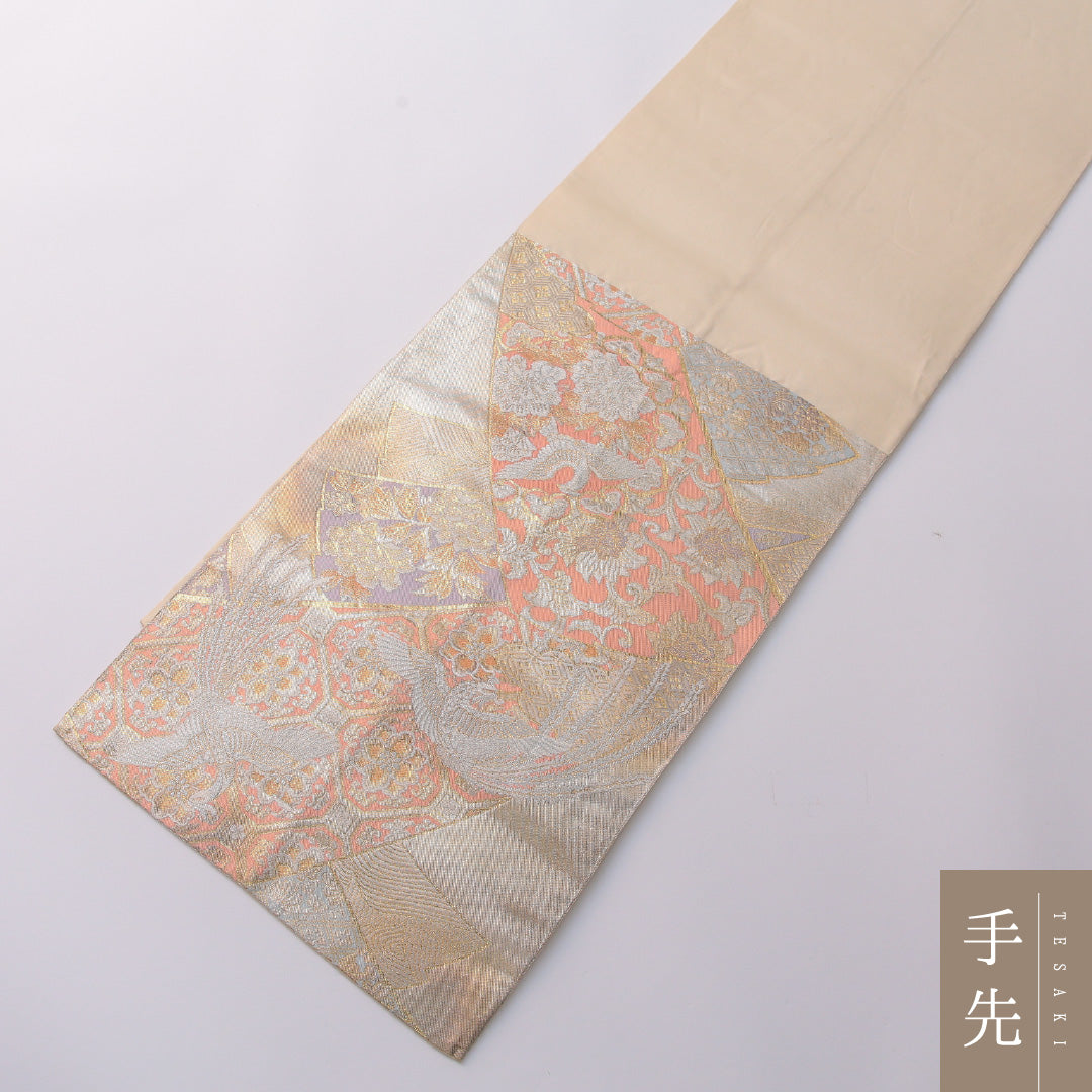 袋帯 帯丈428cm 正絹 六通 フォーマル 裂取り 鳳凰 クリーム系 金系 1243-01939