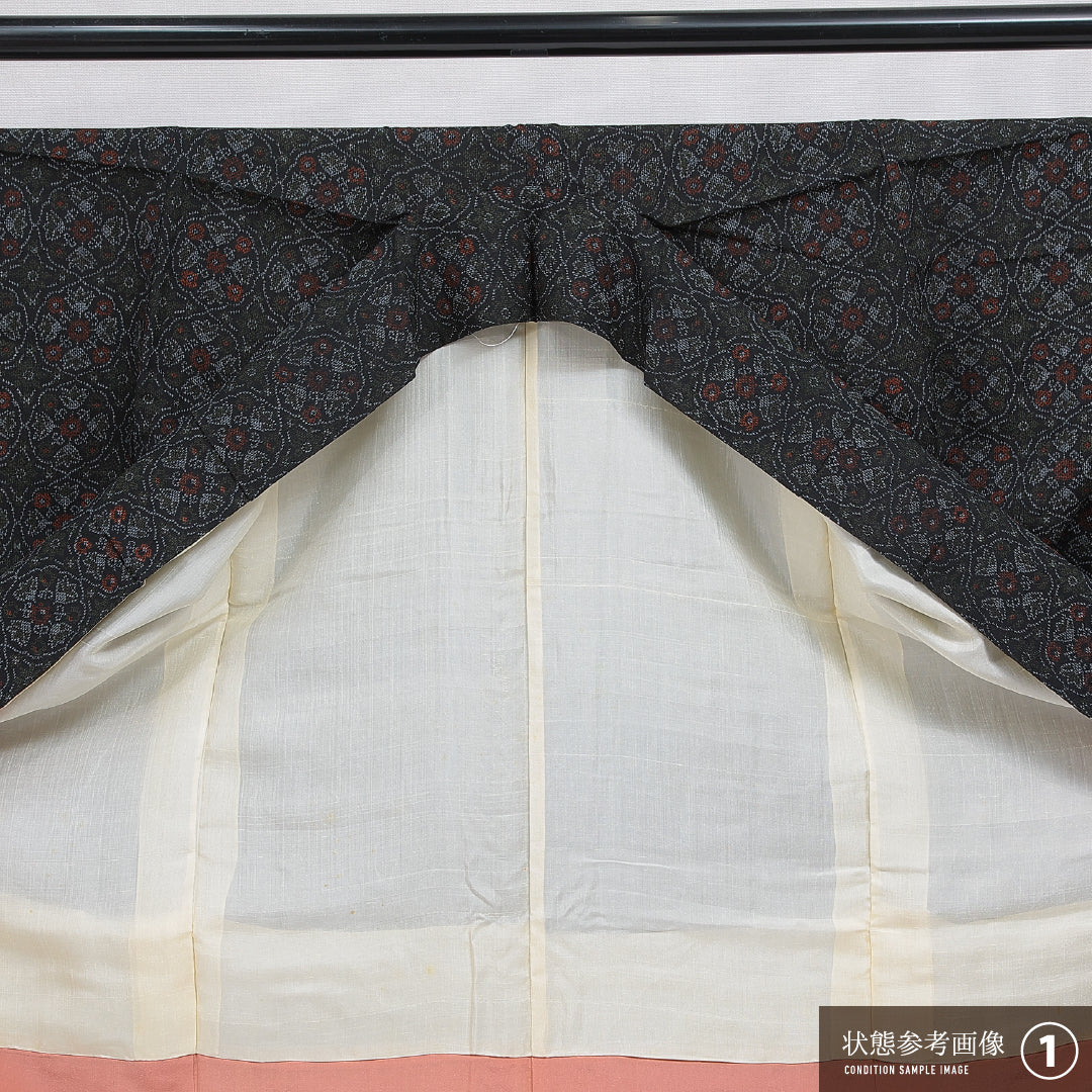 小紋 袷 身丈151cm 裄丈62cm 正絹 Sランク インフォーマル 広衿 Sサイズ 花柄 紺系 RP 1221-15936