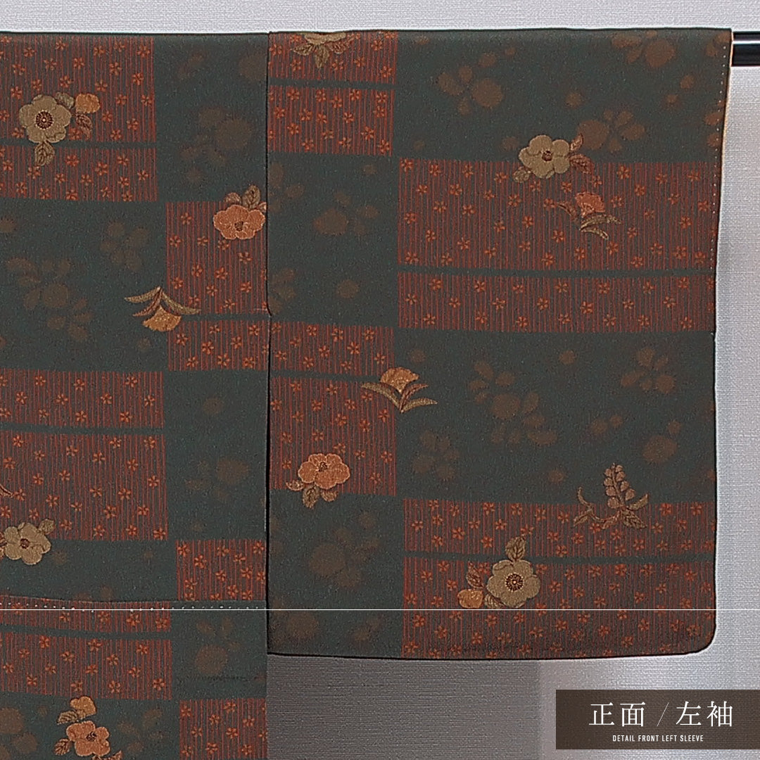 洗える着物 小紋 袷 身丈155cm 裄丈63cm ポリエステル Sランク インフォーマル 広衿 Mサイズ 椿 緑系 RP 1221-16335