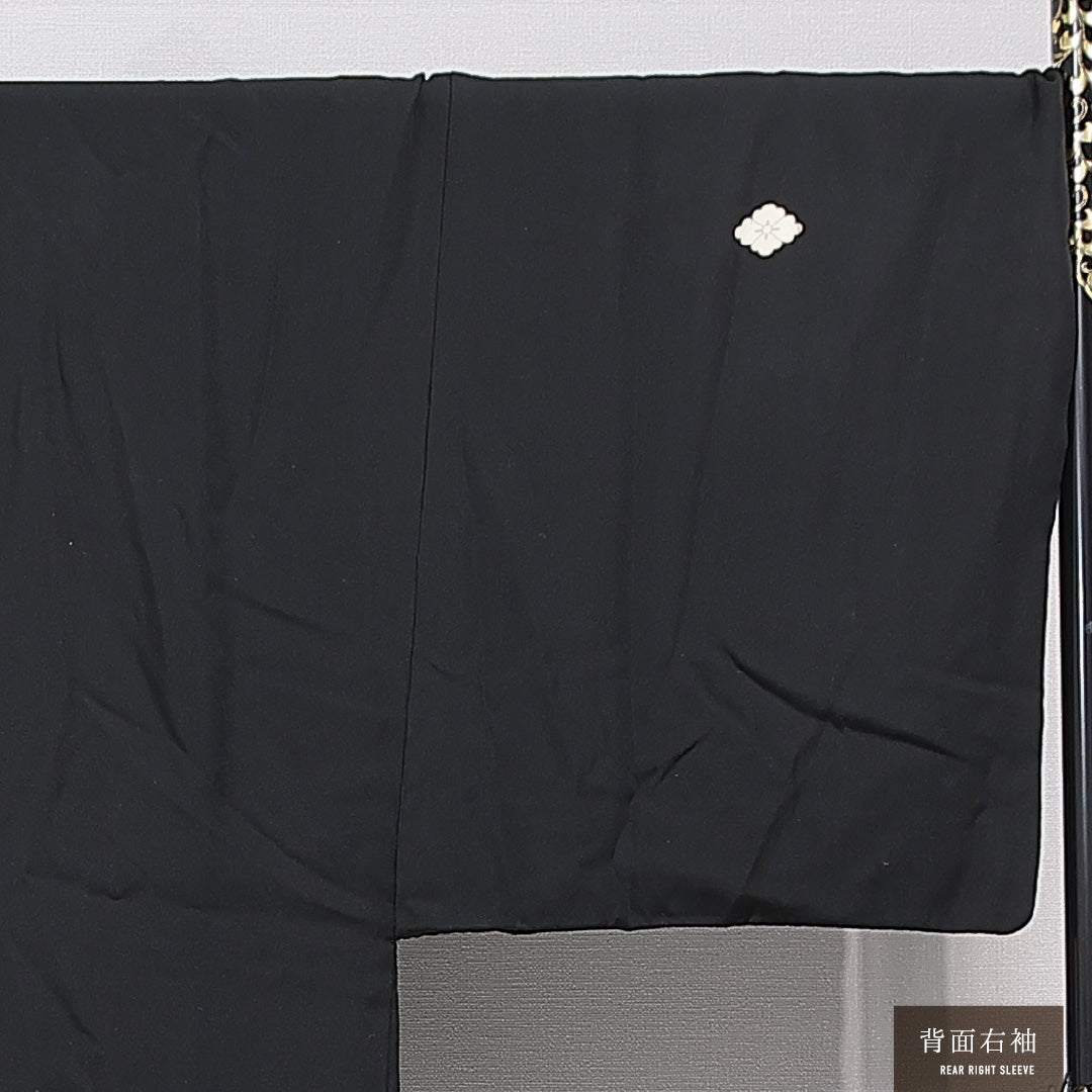 羽織 男性用 袷 身丈94cm 裄丈72cm 正絹 Cランク 五つ紋 (花菱) フォーマル XLサイズ 紐あり 無地 黒系 LP 1235-15769