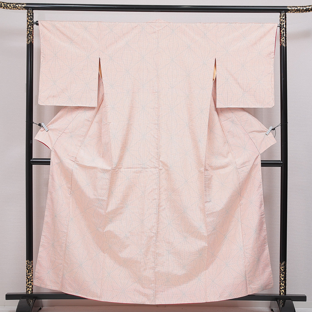 紬 袷 身丈159cm 裄丈65cm 正絹 Cランク Mサイズ 広衿 カジュアル 麻の葉 朱系 1216-16659