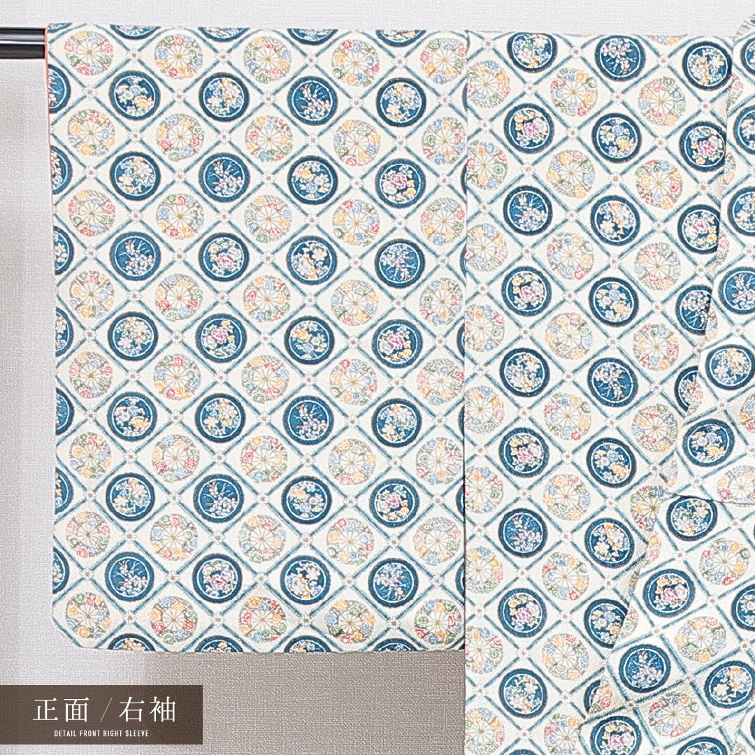 小紋 袷 身丈151cm 裄丈65cm 正絹 Aランク Sサイズ 広衿 インフォーマル ちりめん 格天井文 唐華 クリーム系 1215-16664