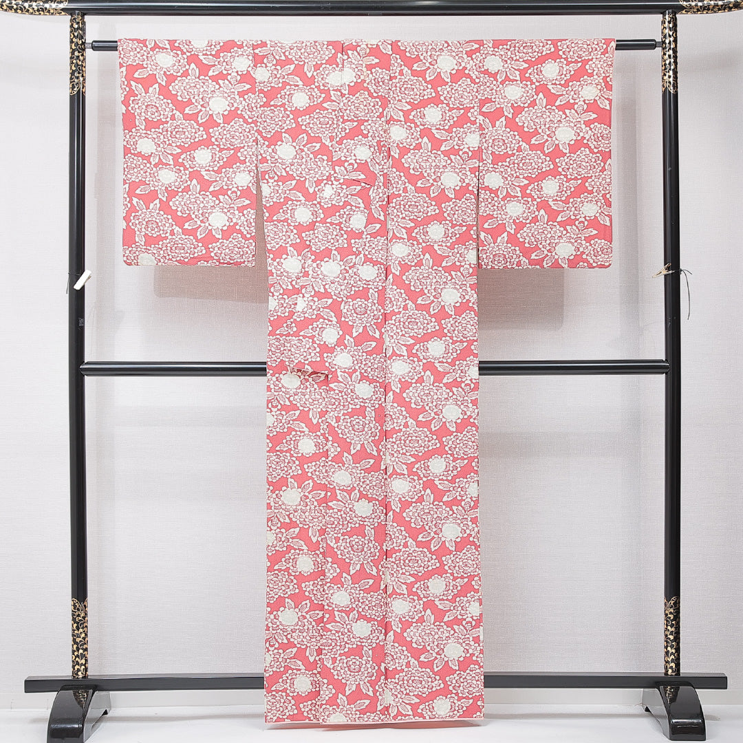 小紋 袷 身丈160cm 裄丈60cm 正絹 Cランク インフォーマル 広衿 Lサイズ 牡丹 ピンク系 HP 1221-15242