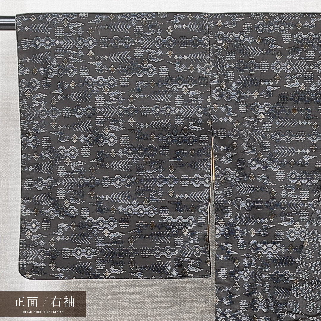 紬 袷 身丈154cm 裄丈64cm 正絹 Cランク カジュアル 広衿 Sサイズ 創作柄 紺系 LP 1223-15226