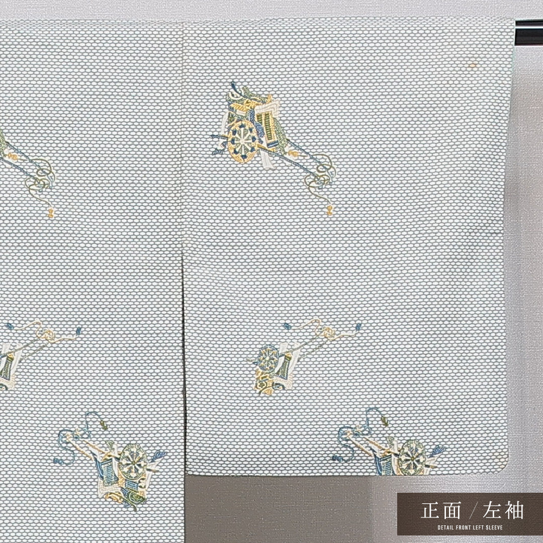 小紋 洗える着物 袷 身丈155cm 裄丈62cm ポリエステル Cランク Mサイズ 広衿 インフォーマル 御所車 亀甲 クリーム系 1215-16091