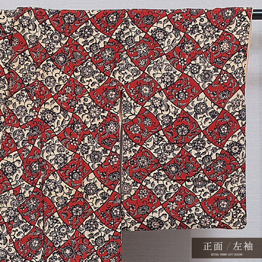 アンティーク 小紋 袷 身丈151cm 裄丈60cm 正絹 Cランク Sサイズ バチ衿 花柄 多色系 赤系 1215-16035