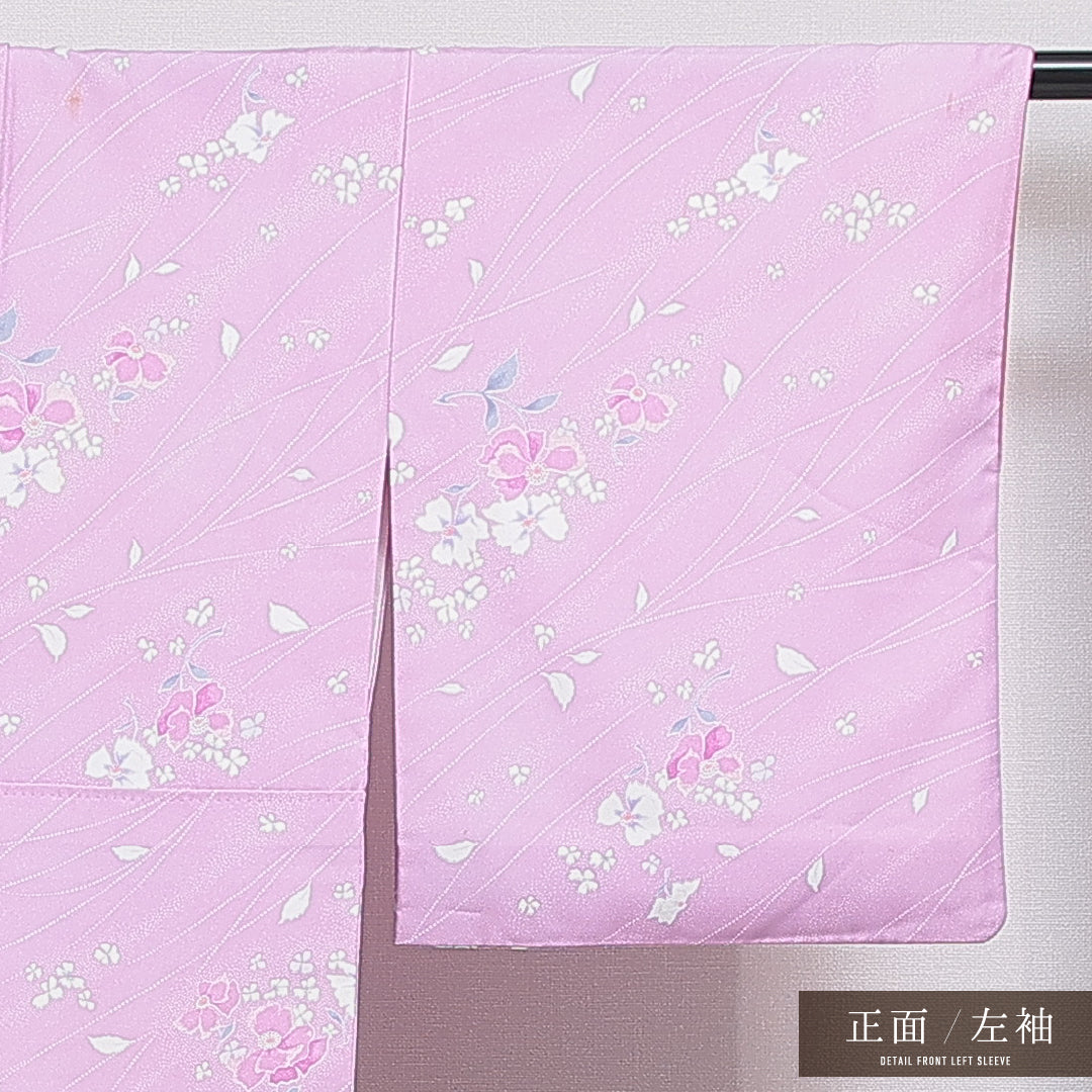 洗える着物 小紋 袷 身丈159cm 裄丈61cm ポリエステル Cランク インフォーマル 広衿 Mサイズ 花柄 紫系 HP 1221-16025