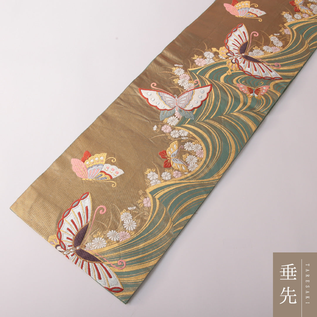 振袖用 袋帯 帯丈428cm 正絹 六通 帯端のみ未仕立て 蝶 吉祥文様 金系 1243-01808