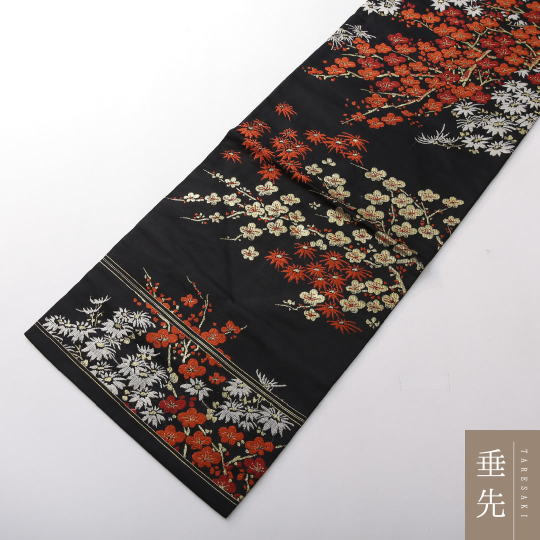 九寸名古屋帯 帯丈336cm インフォーマル 名古屋仕立て 六通 Aランク 正絹 梅 菊 黒系 1224-03817