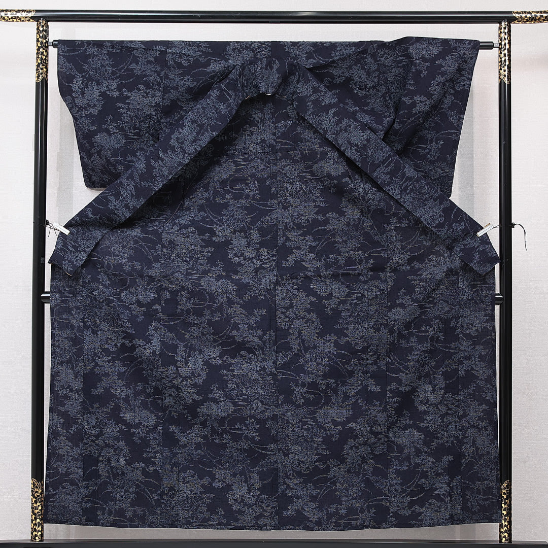 紬 単衣 身丈158cm 裄丈63cm 正絹 Sランク カジュアル 広衿 Mサイズ 植物柄 紺系 RP 1223-15336
