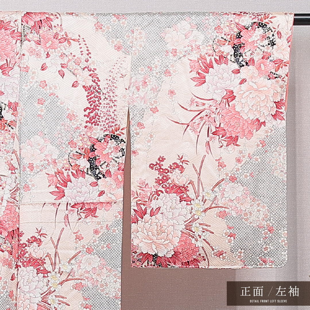 小紋 袷 身丈166cm 裄丈66cm 正絹 Cランク XLサイズ 広衿 インフォーマル 牡丹 ピンク系 1215-15647