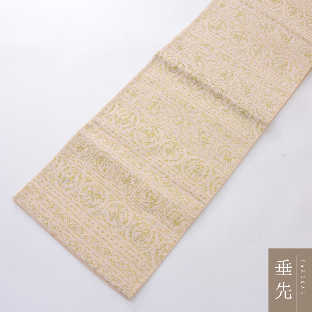 九寸名古屋帯 帯丈368cm カジュアル 開き仕立て 全通 未仕立て Cランク 正絹 丸文 ピンク系 1224-03983