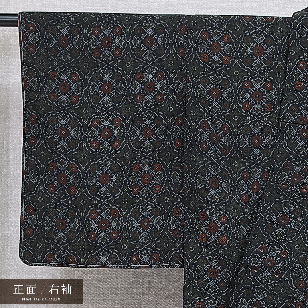 小紋 袷 身丈151cm 裄丈62cm 正絹 Sランク インフォーマル 広衿 Sサイズ 花柄 紺系 RP 1221-15936