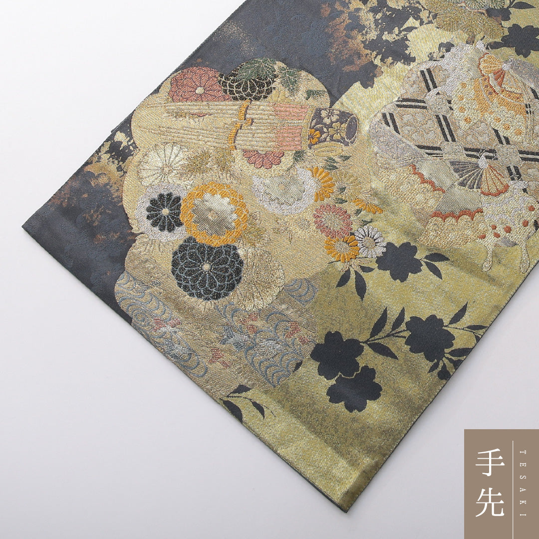 袋帯 帯丈440cm 正絹 六通 フォーマル 研き出し引箔袋 楽器 吉祥文様 紺系 金系 1243-02103