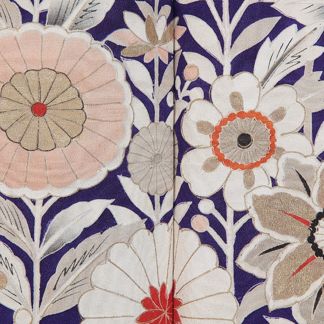 アンティーク 訪問着 袷 身丈156cm 裄丈61cm 正絹 Bランク Mサイズ 広衿 花柄 金彩 紫系 1212-15973