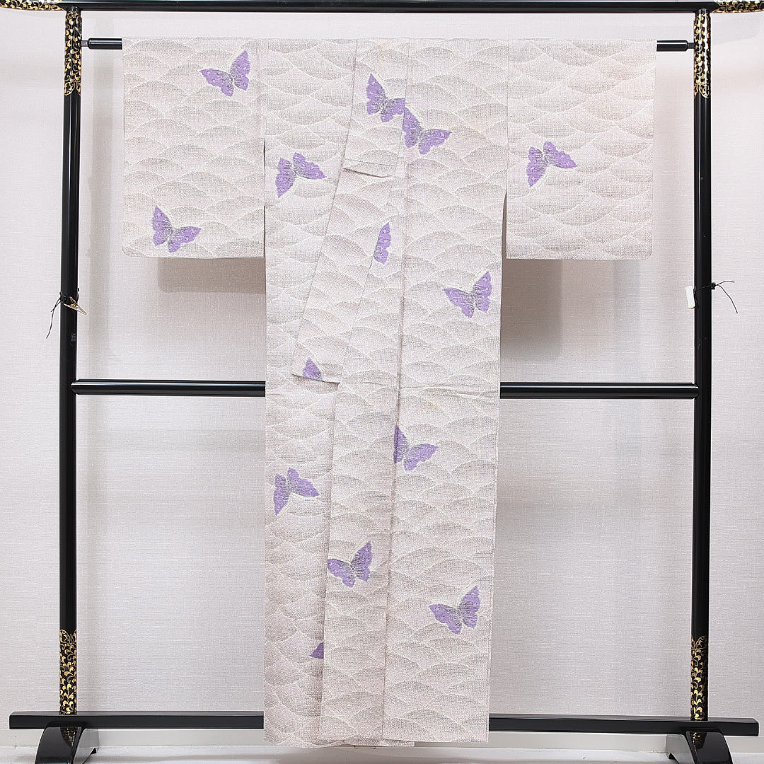 紬 単衣 身丈156cm 裄丈62cm 正絹 Cランク カジュアル 広衿 Mサイズ 経緯絣 肩当て 蝶 紫系 LP 1223-15536