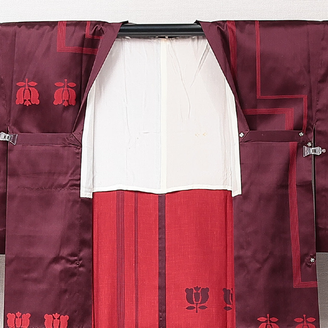 道行コート 単衣 身丈132cm 裄丈65cm 正絹 Cランク セミフォーマル Mサイズ ポケットあり 椿 紫系 LP 1237-15283