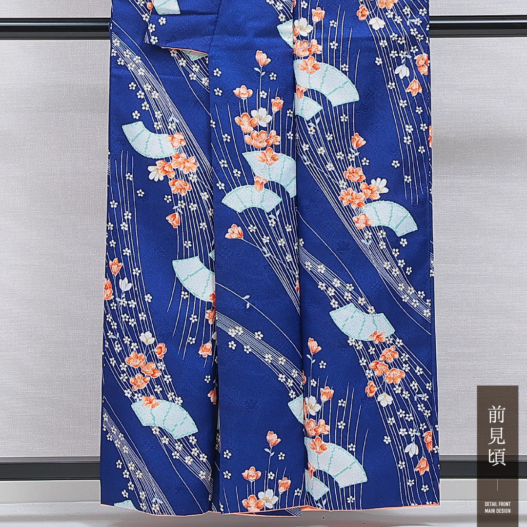 洗える着物 小紋 袷 身丈159cm 裄丈63cm ポリエステル Sランク インフォーマル 広衿 Mサイズ 古典柄 青系 RP 1221-16372