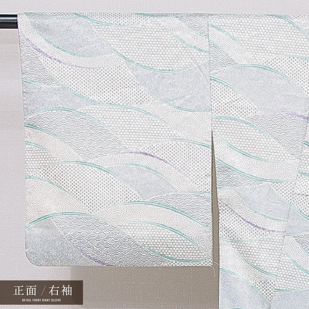 小紋 洗える着物 袷 身丈158cm 裄丈66cm ポリエステル Cランク Mサイズ バチ衿 インフォーマル 吉祥文様 グレー系 1215-15785