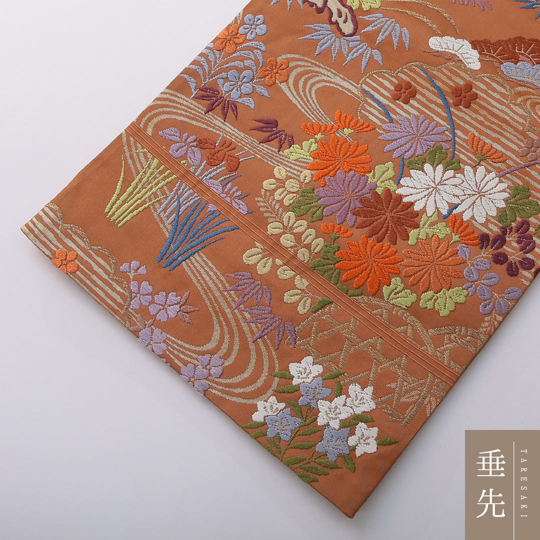 袋帯 帯丈430cm 正絹 六通 フォーマル 唐織 四季草花 吉祥文様 茶系 1243-02034