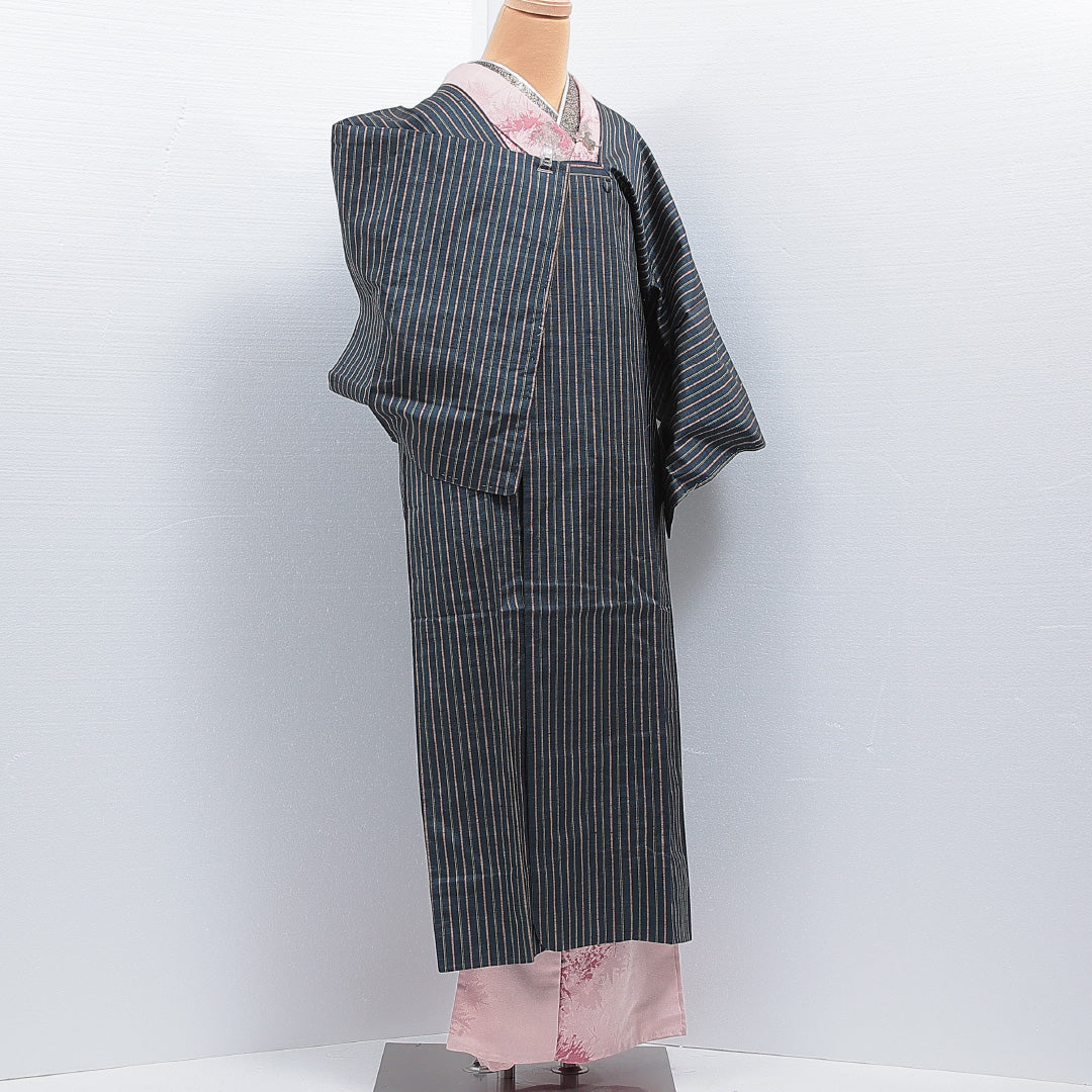 道行コート 単衣 身丈126cm 裄丈62cm 正絹 Sランク セミフォーマル Sサイズ ポケットあり 縞 紺系 RP 1237-16165