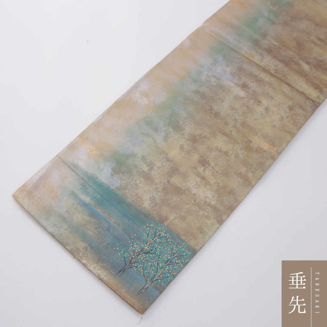 袋帯 帯丈432cm 大原の里 セミフォーマル ポイント柄 Sランク 正絹 風景柄 作家物 落款 金系 1223-02328