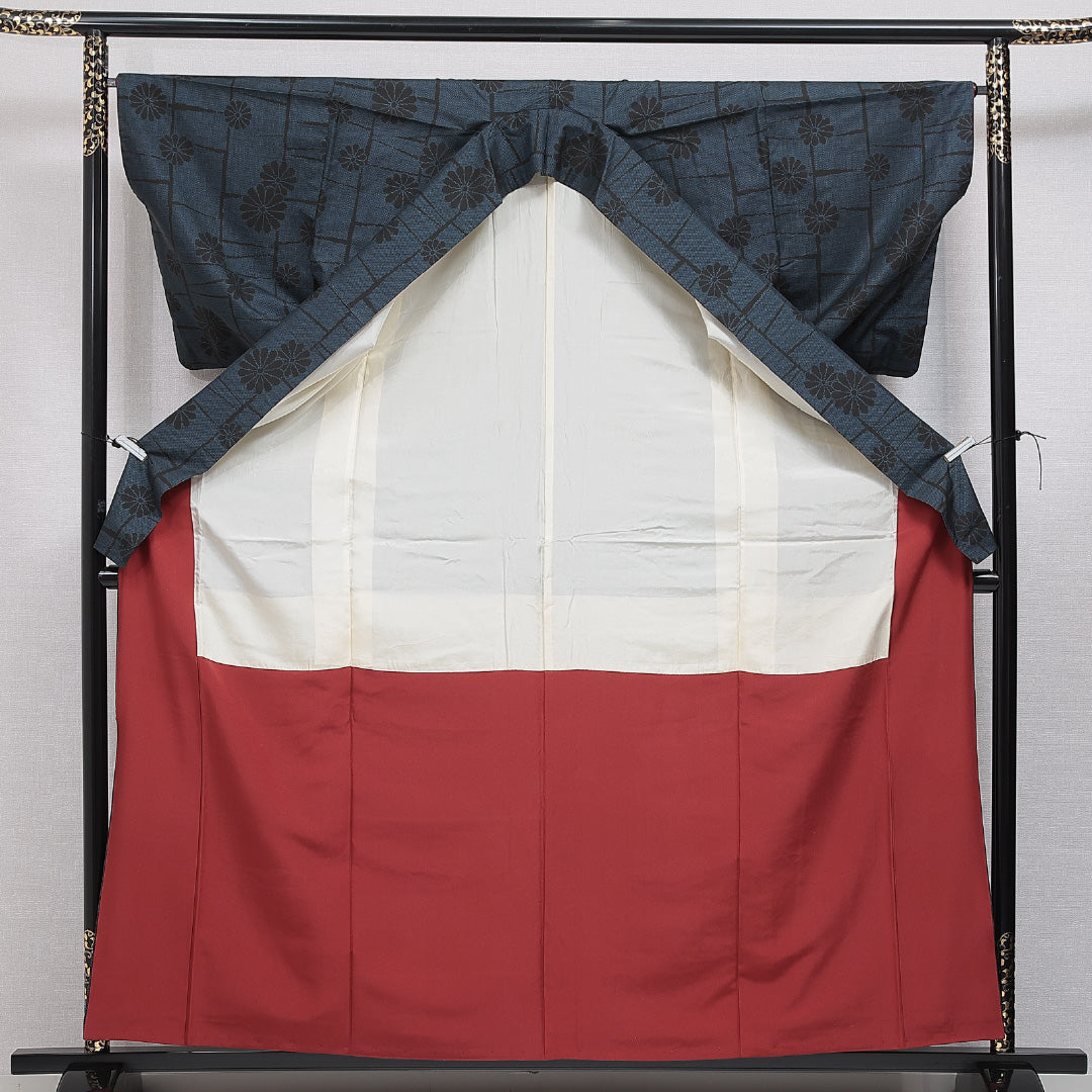 紬 袷 身丈161cm 裄丈65cm 正絹 Aランク カジュアル 広衿 Lサイズ 菊 紺系 RP 1223-15964