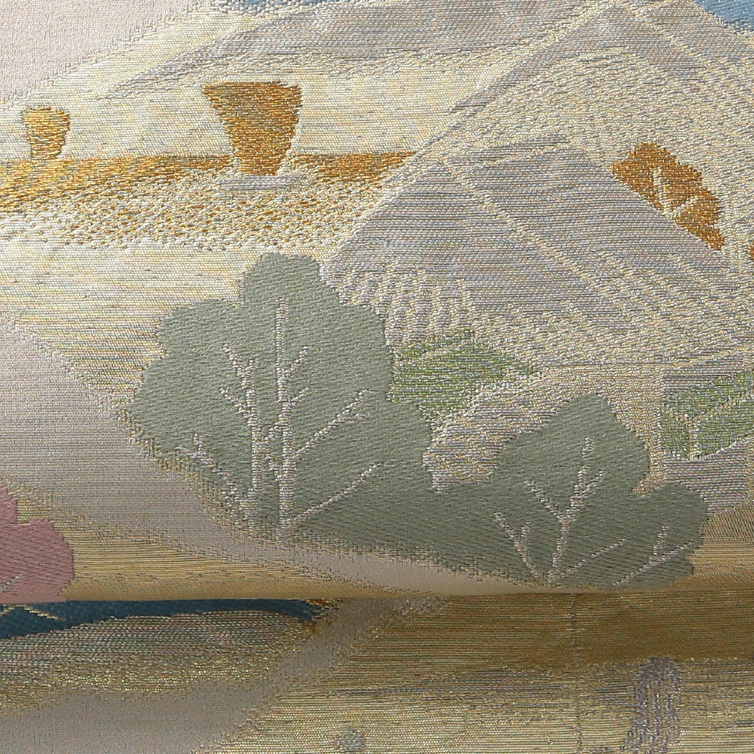 袋帯 帯丈404cm 正絹 六通 帯芯なし セミフォーマル 江戸 風景柄 金系 クリーム系 1243-02032
