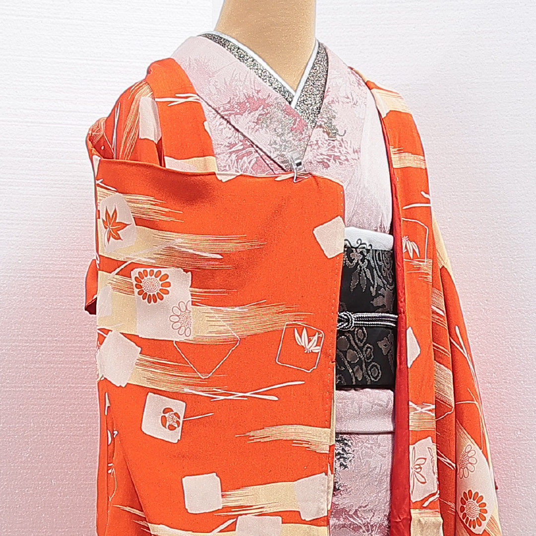 アンティーク 羽織 袷 身丈121cm 裄丈62cm 正絹 Bランク Sサイズ 向日葵 朱系 M4 1232-16185