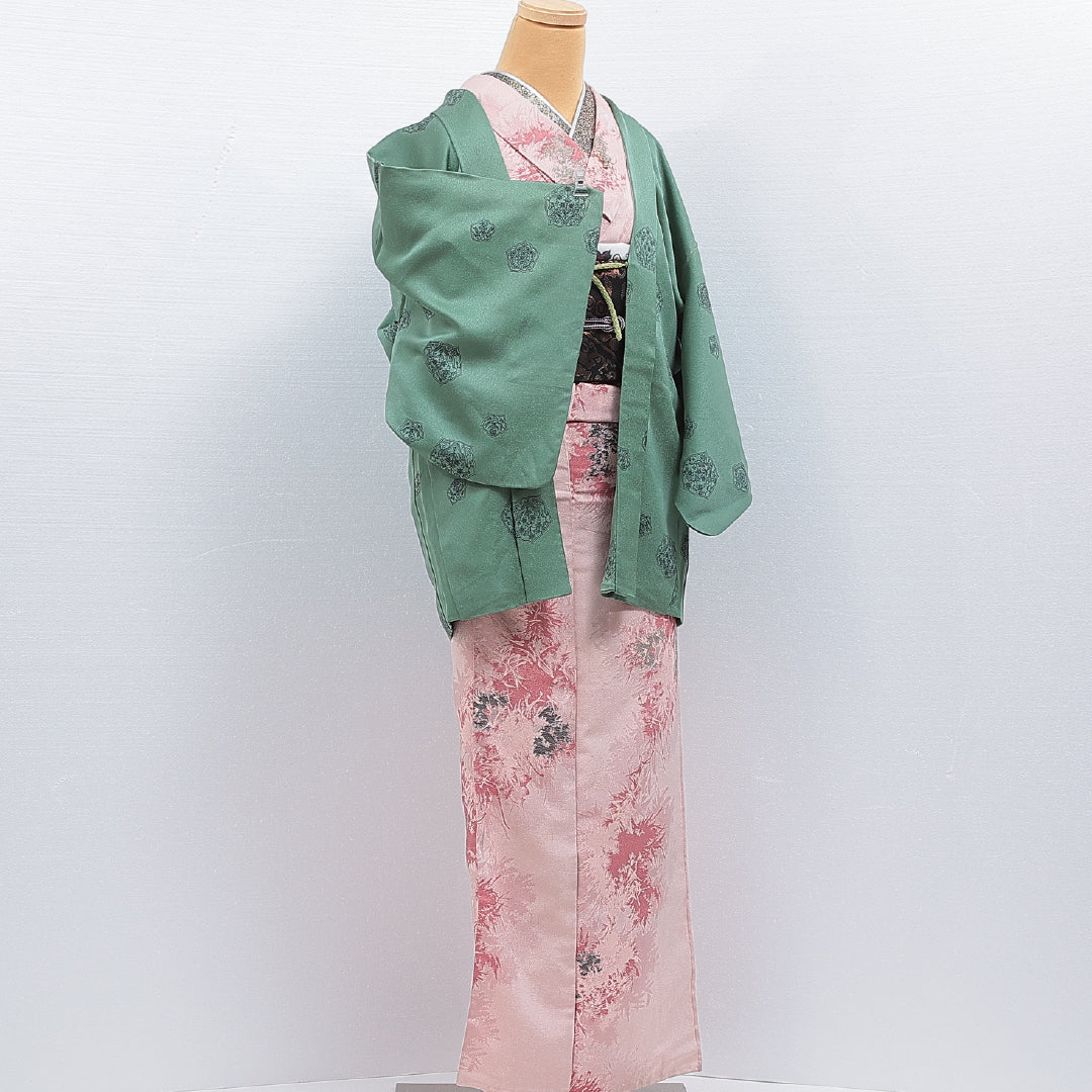 羽織 袷 身丈73cm 裄丈61cm 正絹 Bランク カジュアル Sサイズ 紐あり 鏡裏文 緑系 RP 1232-16119