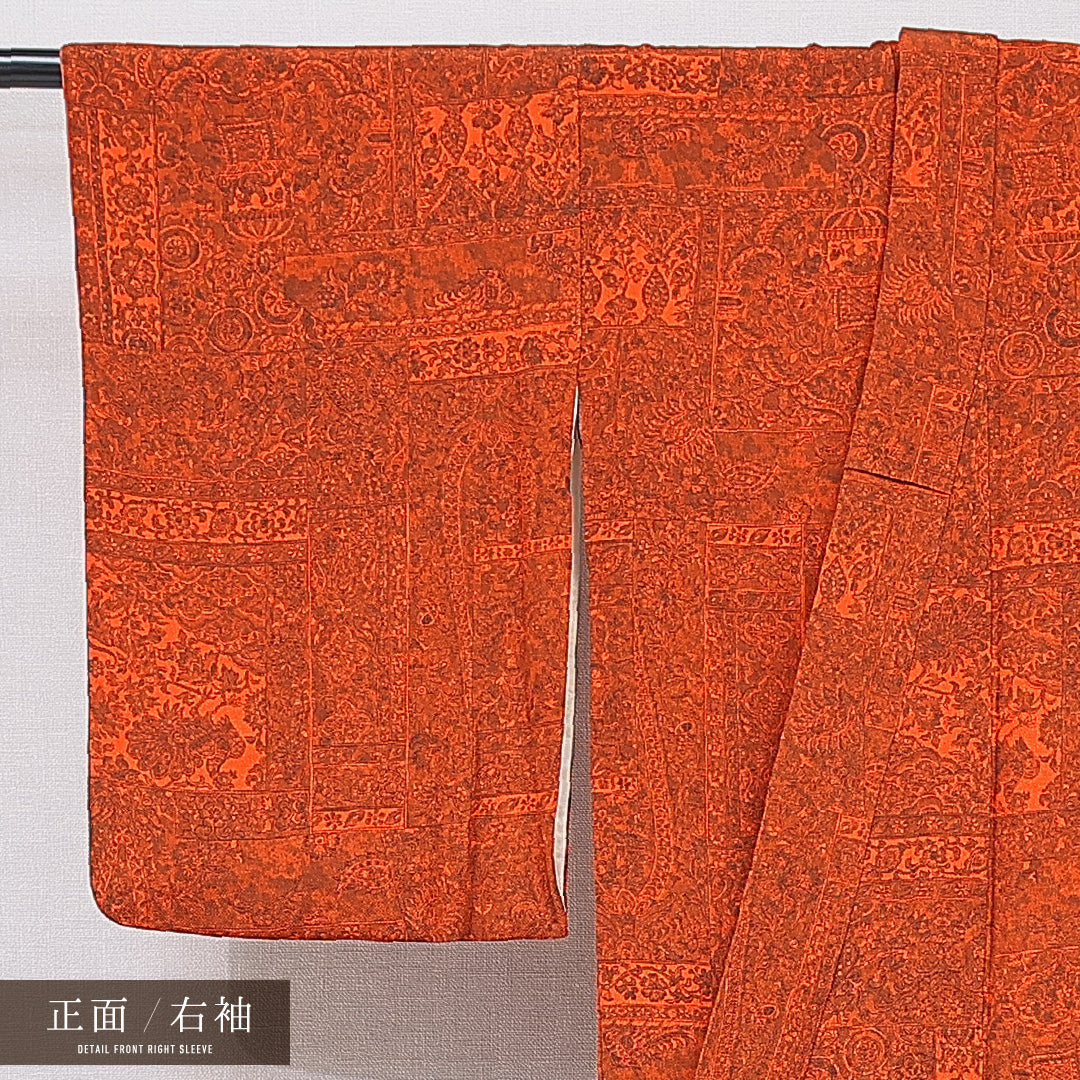 アンティーク 小紋 袷 身丈155cm 裄丈62cm 正絹 Aランク Mサイズ バチ衿 更紗 ちりめん 花柄 赤系 朱系 1215-15683