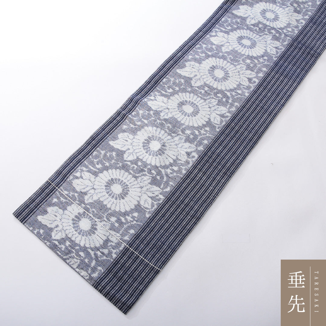 九寸名古屋帯（紬） 帯丈353cm カジュアル 名古屋仕立て 全通 Cランク 正絹 唐菊 縞 紺系 1224-03951
